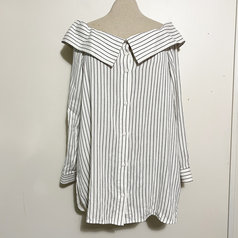Tibi Striped Off the Shoulder Button Down Shirt 10